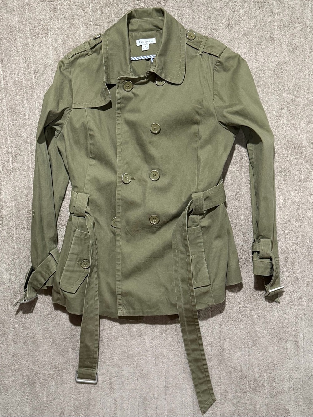 Joan Rivers Women’s Trench Coat Jacket Medium Green Double-Breasted Short Belted